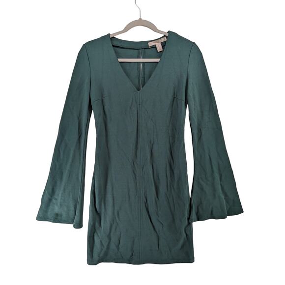 Forever 21 Contemporary Sheath Dress XS Green VNeck Bell Sleeve Keyhole‎ Short - Picture 2 of 11